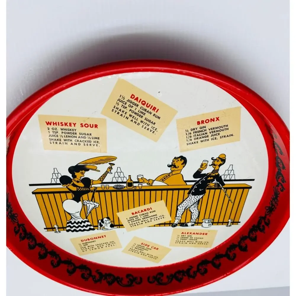 MCM Round Metal Cocktail Serving Tray - Cool Design - Classic Recipes